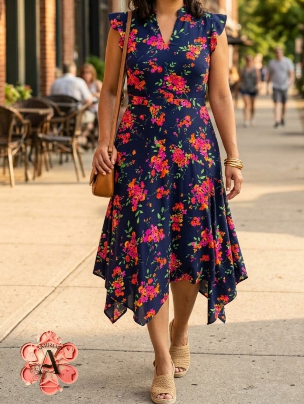2x1 BOGO Nanette Lepore Floral Asymmetrical Midi Dress Navy Pink Orange Size 8